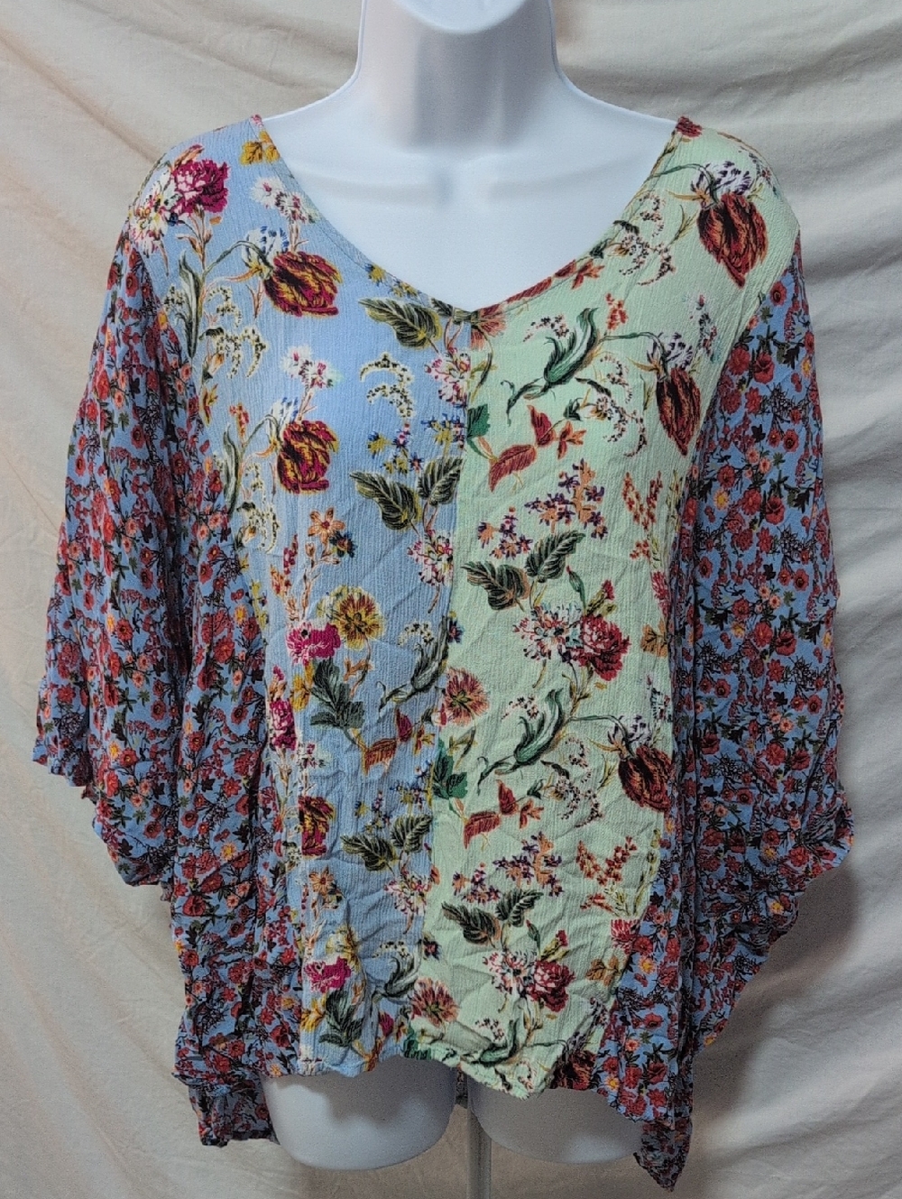 Umgee Floral Patchwork V-Neck Blouse - Blue, Mint, Red